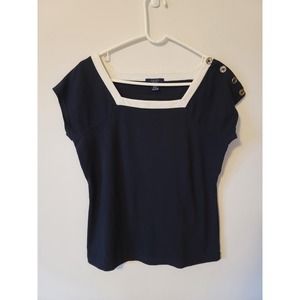Chaps Navy and White Cap Sleeve Shirt Women Medium